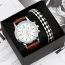 Fashion White Plate And Brown Belt + Black And White Bracelet + Box Stainless Steel Round Dial Mens Watch + Plaid Leather Bracelet