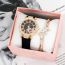 Fashion Black Watch+bracelet+gift Box Stainless Steel Round Dial Watch + Diamond Flower Bracelet Set
