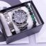 Fashion Black Steel Belt + Cool Bracelet + Green Bead Bracelet + Box Stainless Steel Round Dial Mens Watch + Beaded Bracelet Set
