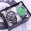 Fashion Green Steel Belt + National Pattern Bracelet + Green Bead Bracelet + Box Stainless Steel Round Dial Mens Watch + Beaded Bracelet Set