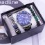 Fashion Blue Steel Belt + National Pattern Bracelet + Green Bead Bracelet + Box Stainless Steel Round Dial Mens Watch + Beaded Bracelet Set
