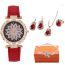 Fashion Red Watch ++ Red Diamond Necklace Earrings Ring Stainless Steel Diamond Round Watch + Necklace Earrings And Ring Set