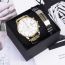 Fashion Gold Shell White Surface Gold Belt + Gold Bracelet + Box Stainless Steel Round Watch Bracelet Mens Set