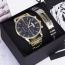 Fashion Gold Shell Black Gold Belt + Gold Bracelet + Box Stainless Steel Round Watch Bracelet Mens Set