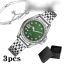 Fashion Black Watch + Bracelet + Gift Box Stainless Steel Round Watch Bracelet Set