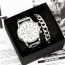 Fashion Black Steel Strap Watch + Steel Bracelet + Gift Box Stainless Steel Round Watch Bracelet For Men Set