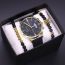 Fashion Gold Shell White Face And Black Belt + Cylindrical Bracelet + Crown Bracelet + Gift Box Stainless Steel Round Watch Bracelet For Men Set
