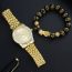 Fashion Gold Watch + Faucet Black Beads + Box Stainless Steel Round Watch Beaded Bracelet Mens Set