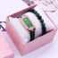 Fashion Green Watch + Green Bead Bracelet + Box Stainless Steel Square Watch Beaded Bracelet Set