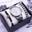 Fashion Black Silver Watch + Crown Bracelet + Woven Bracelet + Gift Box Stainless Steel Round Watch Beaded Bracelet Mens Set