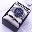 Fashion White Watch + Crown Bracelet + Woven Bracelet + Gift Box Stainless Steel Round Watch Beaded Bracelet Mens Set
