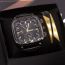 Fashion Engraved Gold Watch + Engraved Bracelet + Box Stainless Steel Square Watch Bracelet Mens Set