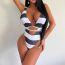 Fashion Black And White Stripes Polyester Striped V-neck Hollow One-piece Swimsuit