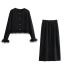 Fashion Huaxing Faux Mink Crew Neck Knitted Jacket And Skirt Suit With Cuffs