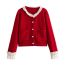 Fashion Red Lace Trim Knitted Sweater Cardigan