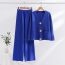 Fashion Blue Spandex Gold Buckle Knitted Sweater High Waist Wide Leg Pants Suit