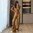 Fashion Khaki Spandex Knitted Buttoned Sweater Wide Leg Pants Suit
