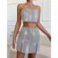 Fashion Silver Spliced Rhinestone Halter Top Slit Skirt Suit
