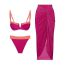 Fashion Rose Red Suit Nylon Color Block High Waisted Swimsuit Bikini Knotted Beach Skirt Set