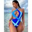 Fashion Blue Nylon Contrasting Color Hollow One-piece Swimsuit