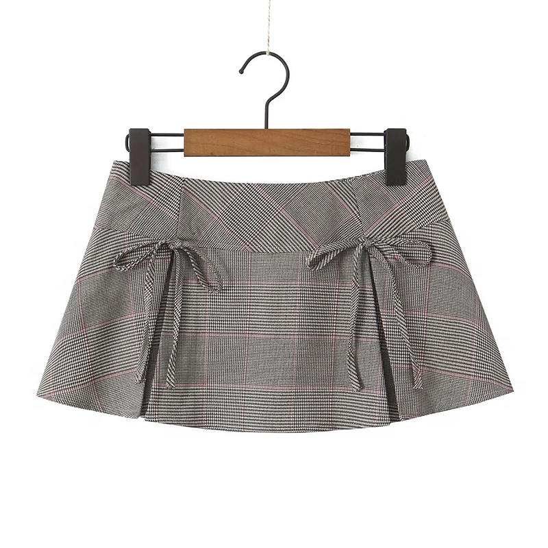 Fashion Light Brown Polyester Checked Lace-up Skirt