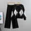 Fashion Khaki Blended Argyle Knit Sweater Wide-leg Pants Set