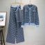 Fashion Blue Blended Jacquard Knitted Cardigan Vest And Wide-leg Pants Three-piece Set