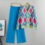 Fashion Blue Blended Printed Knitted Cardigan Wide-leg Pants Suit