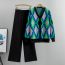 Fashion Blue Blended Printed Knitted Cardigan Wide-leg Pants Suit