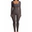 Fashion Grey Blended Ribbed Long-sleeved Trousers Jumpsuit