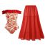 Fashion Red Large Size Suit Polyester Printed One-shoulder Swimsuit Beach Skirt Set