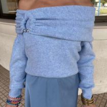 Fashion Lake Blue Polyester Pleated Knit Sweater