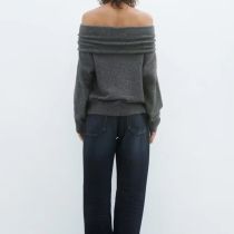Fashion Lake Blue Polyester Pleated Knit Sweater