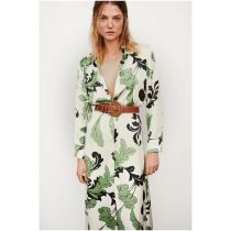 Fashion Green Polyester Belted Printed Lapel Skirt