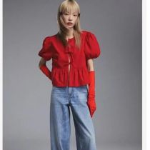 Fashion Red Polyester Lace-up Puff Sleeve Top