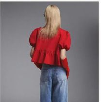 Fashion Red Polyester Lace-up Puff Sleeve Top