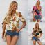 Fashion Apricot Polyester Printed V-neck Lace-up T-shirt