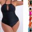 Fashion Black Nylon Halterneck Hollow Color Block One-piece Swimsuit