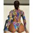 Fashion Color Polyester Printed Halterneck Lace-up Tankini Swimsuit Three-piece Bikini Cover-up