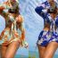 Fashion Orange Polyester Tie-dyed One-piece Swimsuit Bikini Cover-up Skirt Cover-up Hooded Five-piece Set