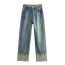 Fashion Blue Raw Edge Cuffed Straight-leg Jeans