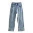 Fashion Light Blue High-waisted Cuffed Straight-leg Jeans