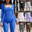 Fashion Blue-short Sleeves Polyester Ribbed Square Neck Jumpsuit