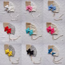 Fashion Beige Flower Branches + Navy Blue Children's Fabric Bow Hat