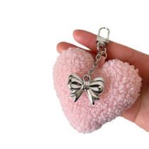 Fashion Pink Alloy Bow Plush Love Keychain