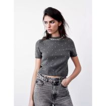Fashion Grey Polyester Knitted Short-sleeved Sweater