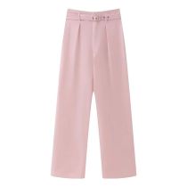 Fashion Pink Polyester Micro-pleated Straight-leg Trousers