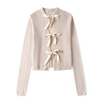 Fashion Pink Polyester Lace-up Knitted Jacket