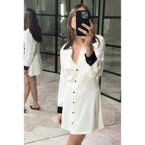 Fashion White Polyester Contrast Lapel Buttoned Skirt