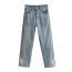 Fashion Denim Blue Cropped Straight-leg Jeans With Embroidered Patches